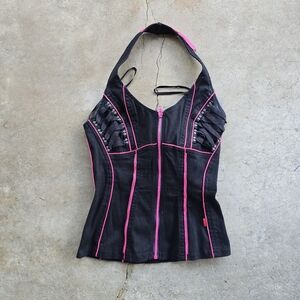 Vintage Tripp NYC Halter Corset Top Y2K 90s Punk Scene Goth Black Pink Size M